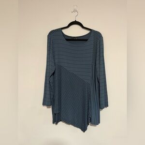 Lisa Bayne Blue Striped Asymmetrical Blue Tunic Top Size XL Artsy Lagenlook